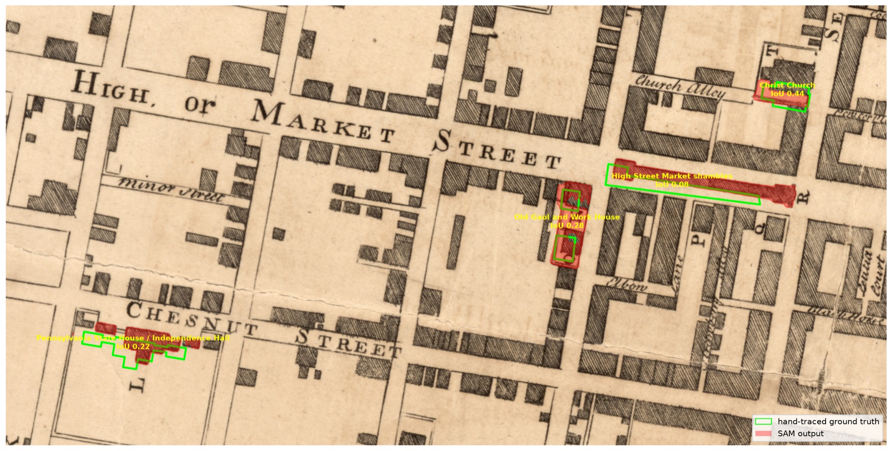 1762 map crop with hand-traced footprints in green and SAM output in red